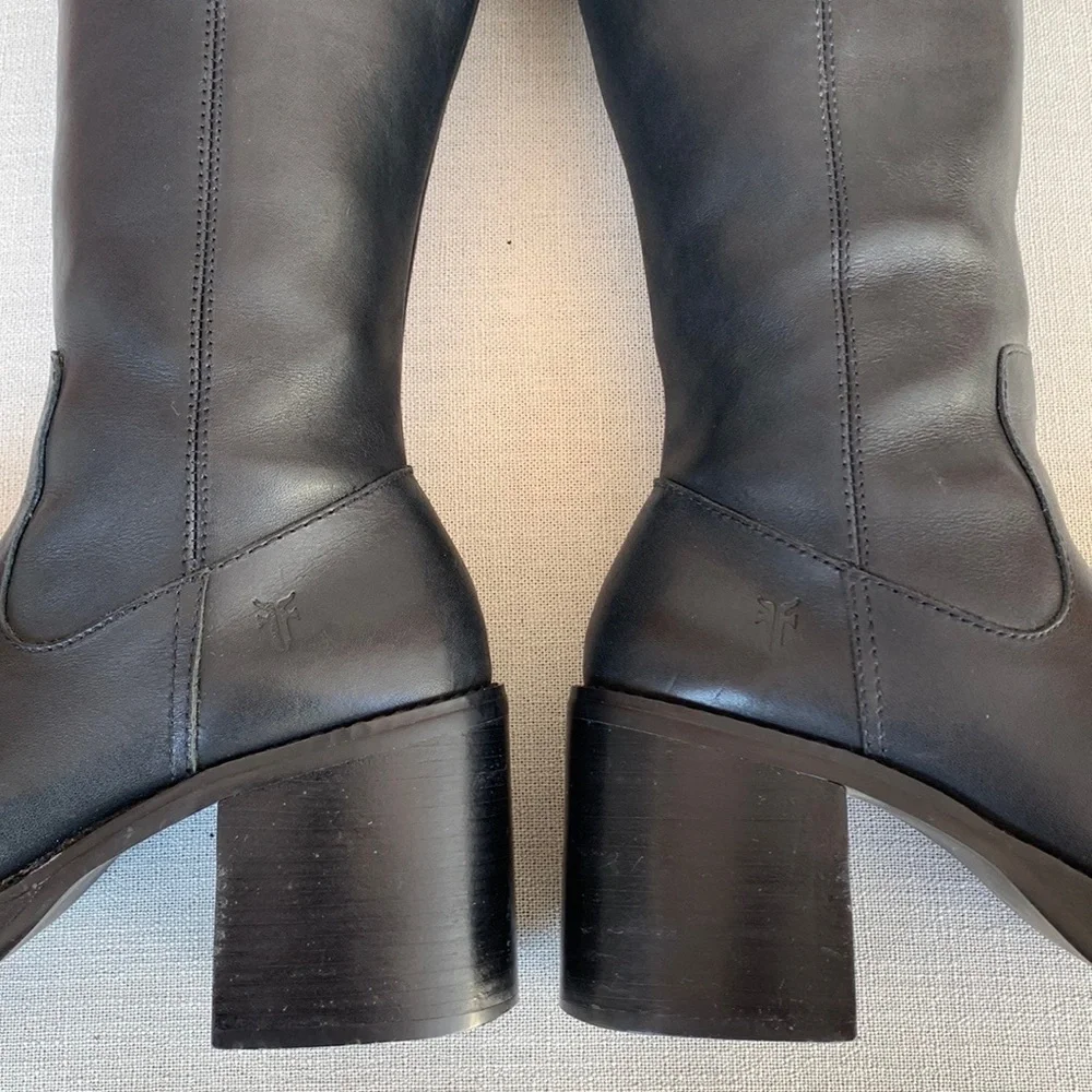 FRYE Vintage Y2K Dorian Platform Chunky Heel Tall Black Zippered Boots, Size 9 - Picture 5 of 13